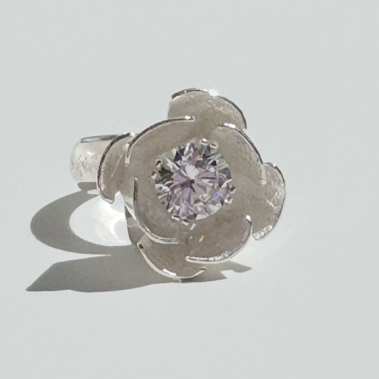 Argentium Silver 2 Carat Simulated Diamond Flower Textured Ring | Handmade by California Jewelry Artist Lisa Ramos
