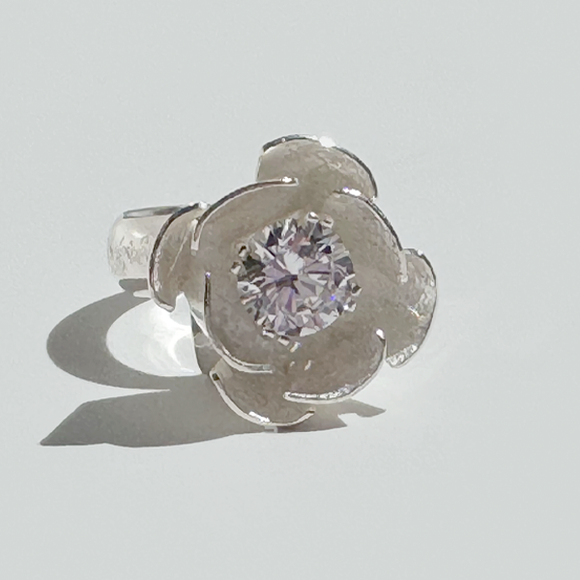 Argentium Silver 2 Carat Simulated Diamond Flower Textured Ring | Handmade by California Jewelry Artist Lisa Ramos