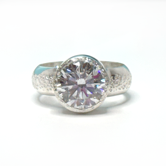 Argentium® Silver 3.5 Carat Simulated Round Diamond Textured Ring - Classic Style | Handmade by California Jewelry Artist Lisa Ramos