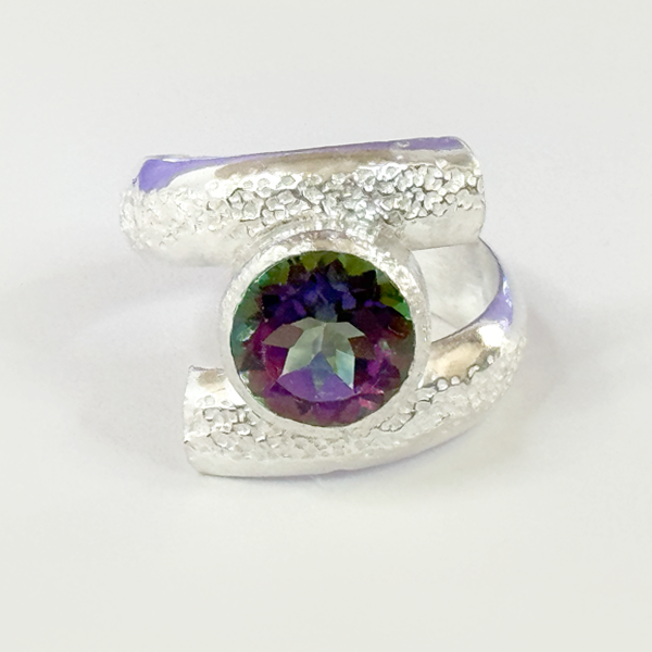 Argentium® Silver 3.5 Purple Green Topaz Textured Spiral Ring | Handmade by California Jewelry Artist Lisa Ramos