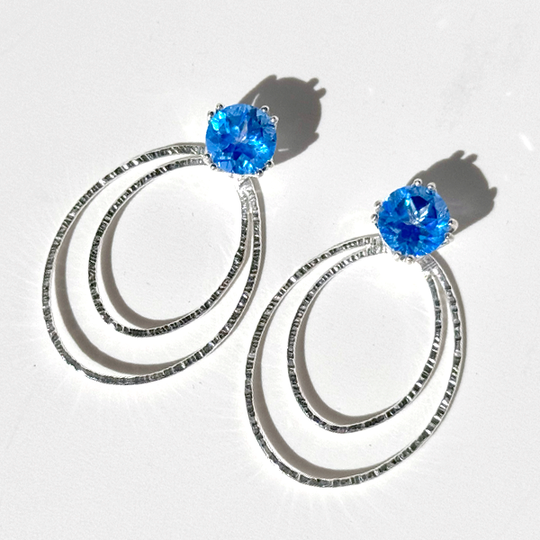 Versatile 4 Carat Topaz Studs with Argentium Silver Oval Hoop Earring Jackets - Dark Blue