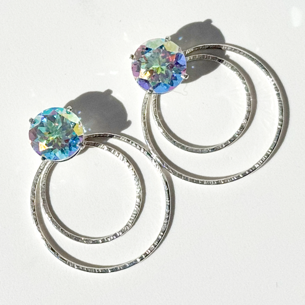 Versatile 7 Carat Iridescent Topaz Studs with Argentium Silver Round Hoop Earring Jackets | Handmade By California Jewelry Designer Lisa Ramos