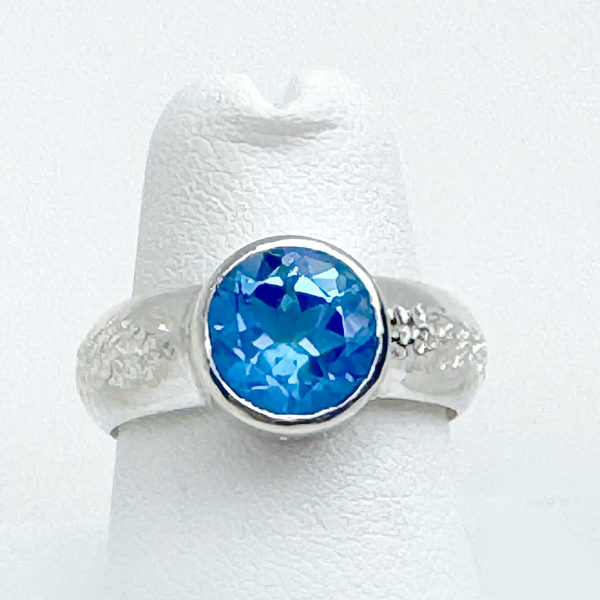 Argentium® Silver 2 Carat Deep Blue Topaz Textured Ring Band | Handmade by California Jewelry Artist Lisa Ramos