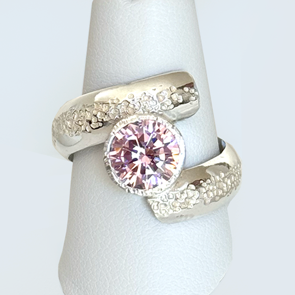 Argentium® Silver 2 Carat Simulated Pink Diamond Spiral Textured Ring II