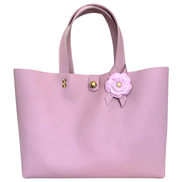 Epsom Italian Leather Tote Bag with Handmade Leather Pink Flower - Bags Made in California by Designer Lisa Ramos 