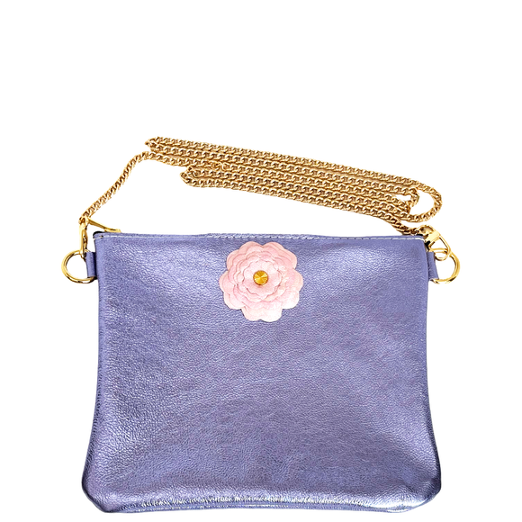 Purple Metallic Leather Crossbody Bag with Pink Flower - 143