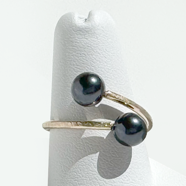14 Karat Gold Akoya Black Pearl Textured Ring - Duo | Handmade by California Jewelry Artist Lisa Ramos