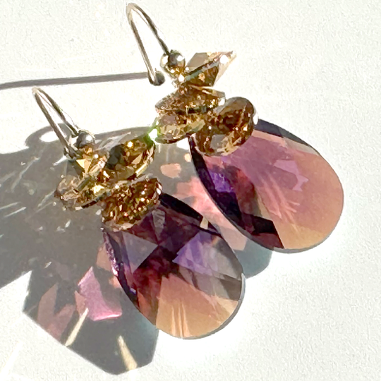 Short Drop Crystal Cluster Earrings - Holiday Collection - Amethyst Golden