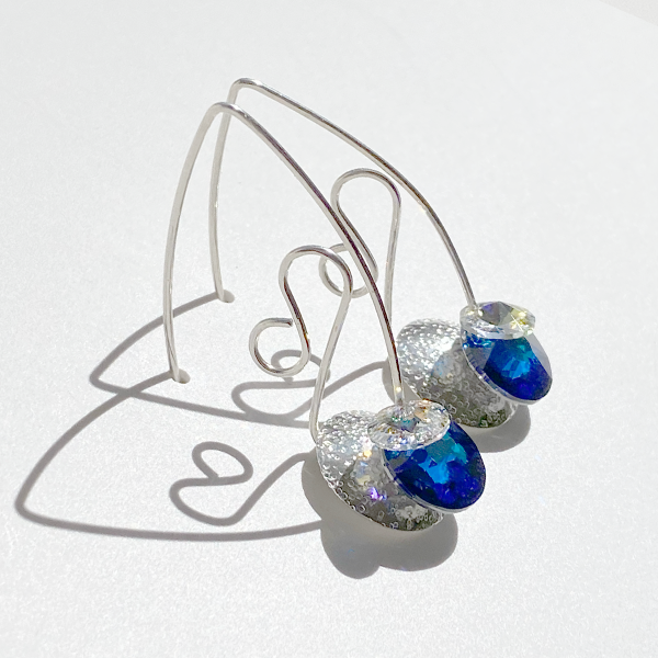 Argentium® Silver Eye Catching Crystal Long Scroll Earrings Collection - Bold Blue | Jewelry Made in California
