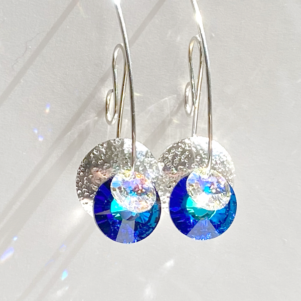 Argentium® Silver Eye Catching Crystal Long Scroll Earrings Collection - Bold Blue | Jewelry Made in California