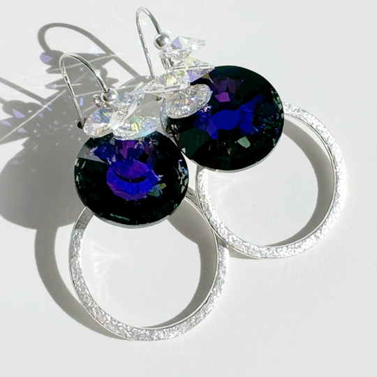 Argentium Silver Purple Iridescent Crystal Dangle Hoop Earrings | Jewelry Made in California