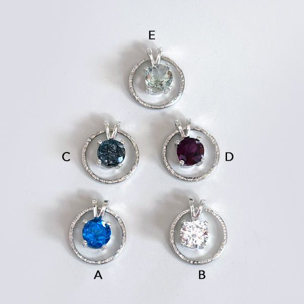 Argentium Silver Gemstone Pendant Necklaces - A: Blue Topaz B: Simulated Diamond C: Salt & Pepper Quartz D: Rhodolite Garnet E: Light Green Quartz