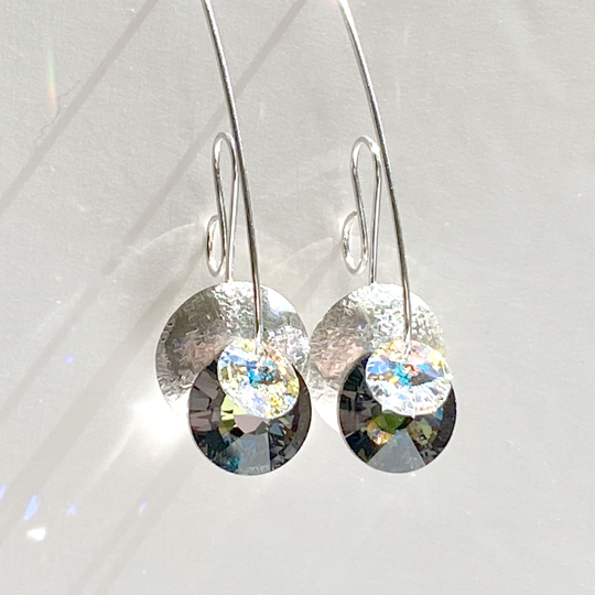 Argentium® Silver Eye Catching Crystal Long Scroll Earrings Collection - Gray | Jewelry Made in California