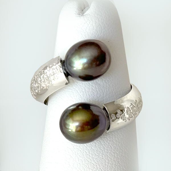 Argentium® Silver Raven's Wing Pearl Duo Spiral Ring | Handmade by California Jewelry Artist Lisa Ramos