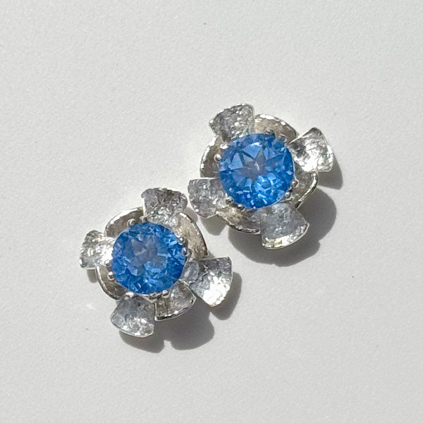 Versatile 4 Carat Gemstone Topaz Studs with Argentium Silver Flower Earring Jackets - Blue Topaz