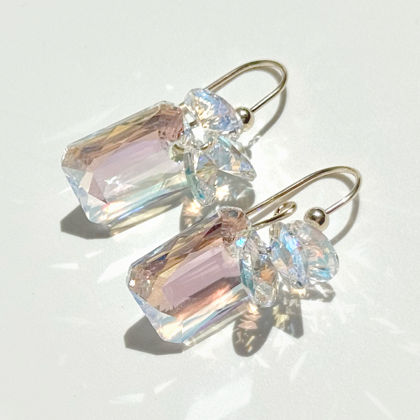Short Drop Emerald Cut Crystal Custer Earrings - Color Blue Iridescence