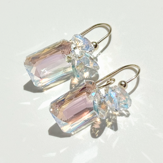 Short Drop Emerald Cut Crystal Custer Earrings - Color Blue Iridescence