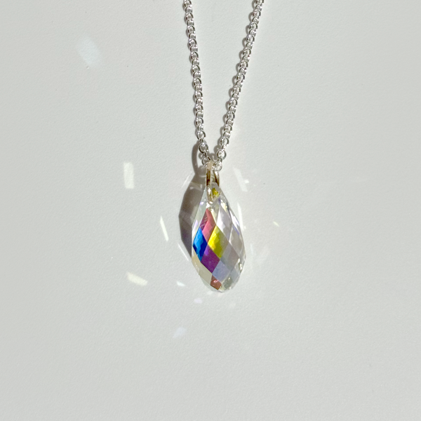 14 Karat Gold Briolette Iridescent Crystal Pendant with Silver Chain