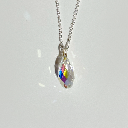 14 Karat Gold Briolette Iridescent Crystal Pendant with Silver Chain