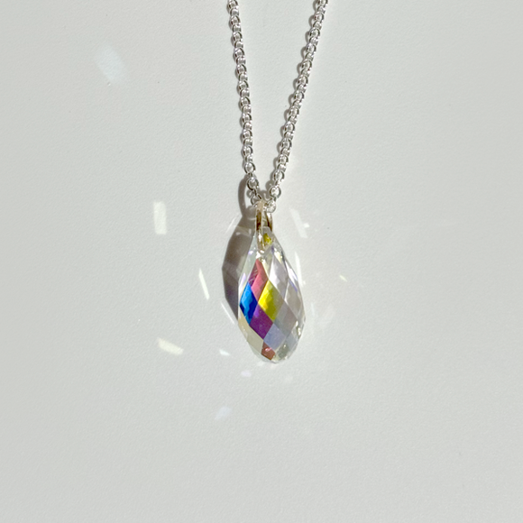 14 Karat Gold Briolette Iridescent Crystal Pendant with Silver Chain