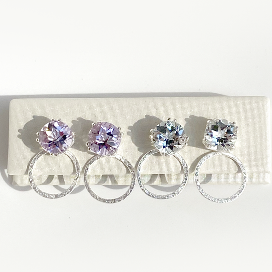 Versatile 4 Carat Gemstone Stud Earrings with Argentium Silver Classic Hoop Earring Jackets - Amethyst and White Topaz  | Jewelry Made in California