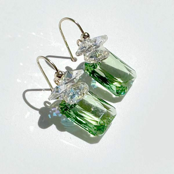 Short Drop Emerald Cut Crystal Custer Earrings - color green