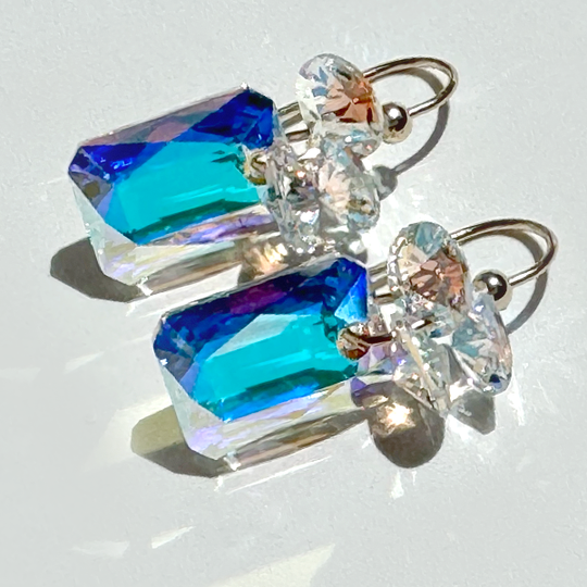 Short Drop Emerald Cut Crystal Custer Earrings - Color Iridescence