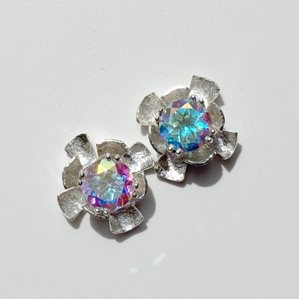 Versatile 4 Carat Gemstone Topaz Studs with Argentium Silver Flower Earring Jackets - Iridescent Topaz