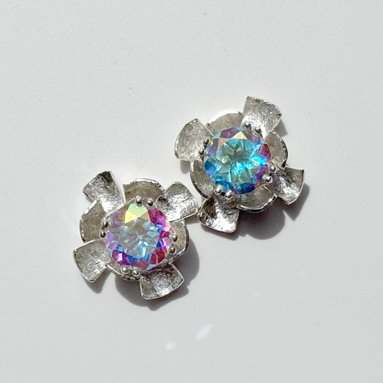 Versatile 4 Carat Gemstone Topaz Studs with Argentium Silver Flower Earring Jackets - Iridescent Topaz