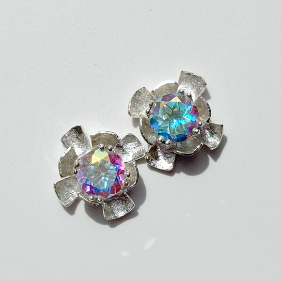 Versatile 4 Carat Gemstone Topaz Studs with Argentium Silver Flower Earring Jackets - Iridescent Topaz