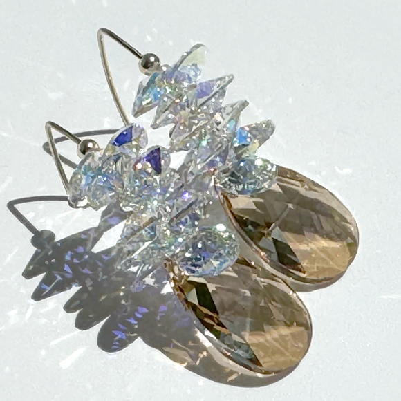 Large Shimmering Pear Crystal Cluster Earrings - Color Golden