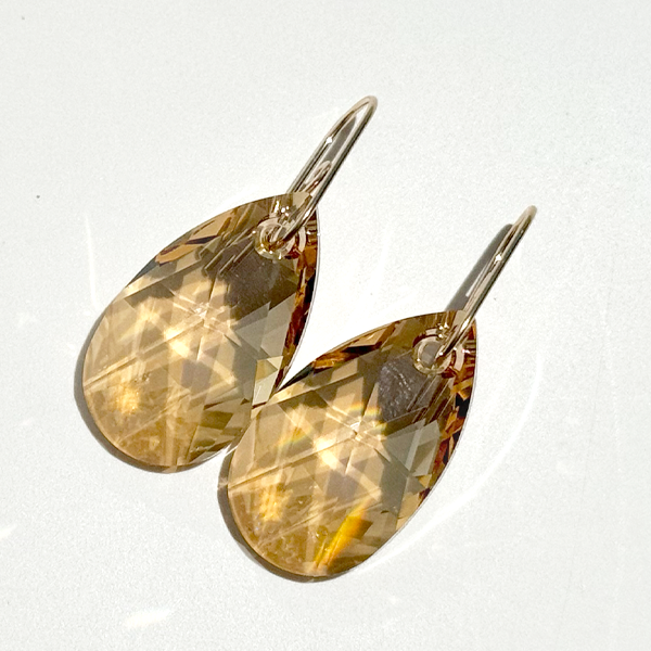 Large Classic Iridescent Pear Crystal Earrings - Golden | 14k Gold Filled