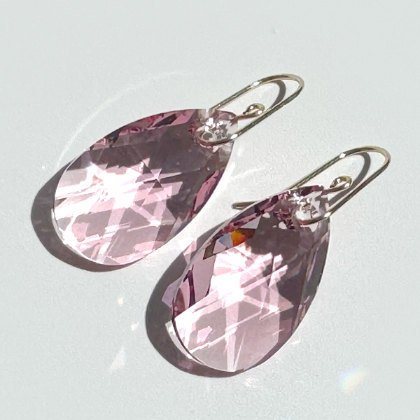 Large Classic Iridescent Pear Crystal Earrings - Soft Pink | 14k Gold Filled