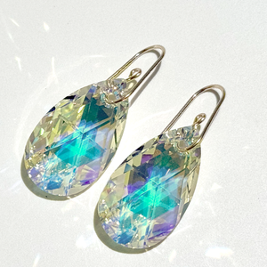 Large Classic Iridescent Pear Crystal Earrings - Yellow Iridescence | 14k Gold Filled