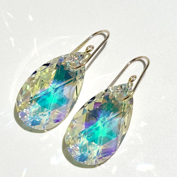 Large Classic Iridescent Pear Crystal Earrings - Yellow Iridescence | 14k Gold Filled
