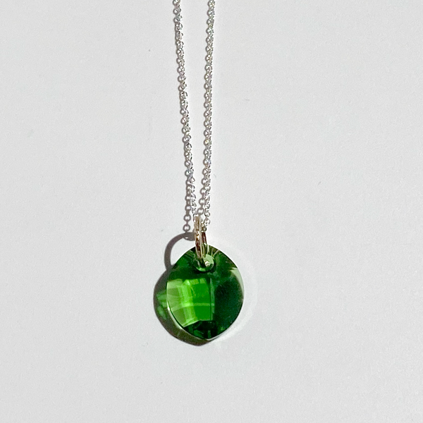 14 Karat Gold Green Leaf Crystal Pendant with Argentium Silver Chain