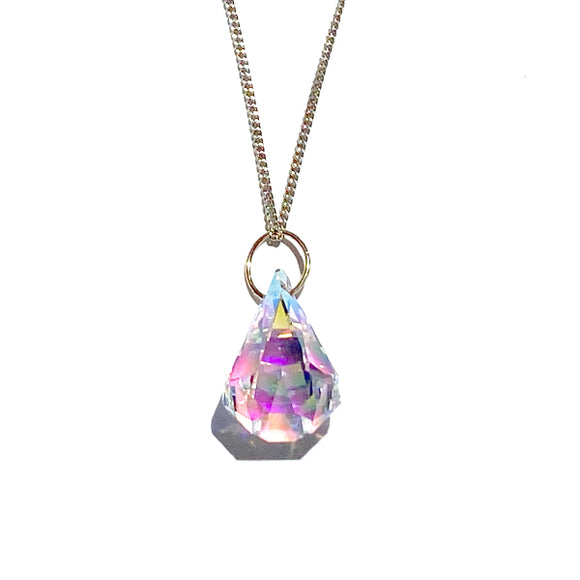 14 Karat Gold Large Teardrop Crystal Pendant with Argentium Silver Chain