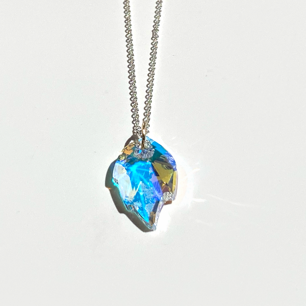 14 Karat Gold Large Leaf Crystal Pendant with Argentium Silver Chain