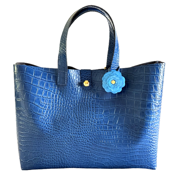 Large Blue Croc Embossed Leather Tote with Flower