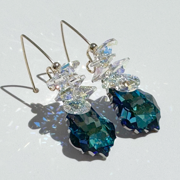 Long Crown Crystal Cluster Earrings - Unique Blue
