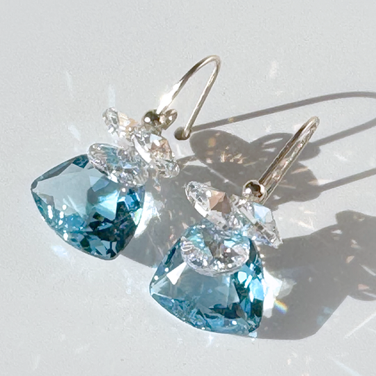 Gold Short Scroll Design Trilliant Cut Cluster Crystal Earrings - Aquamarine Color