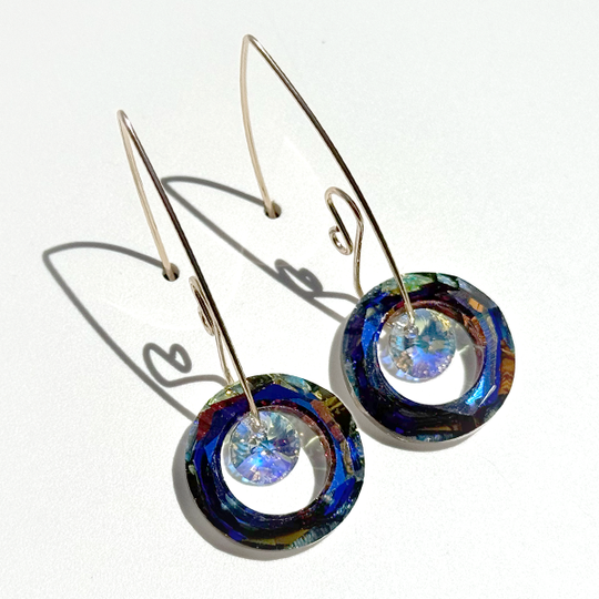 Large Circular Rainbow Iridescent Crystal Earring Collection -  Blue Volcano