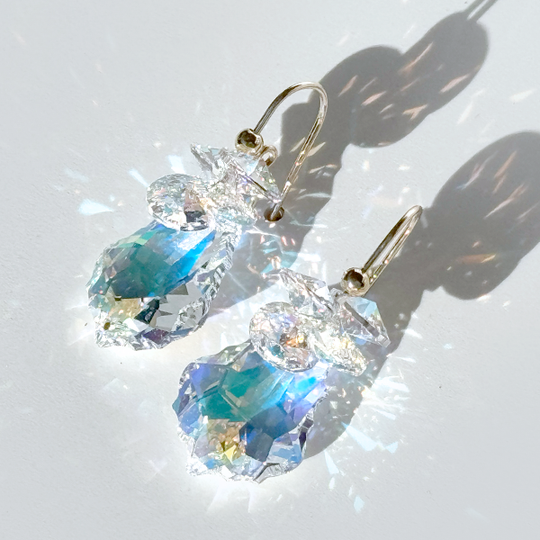 Short Crown Crystal Cluster Earrings -Yellow Iridescence