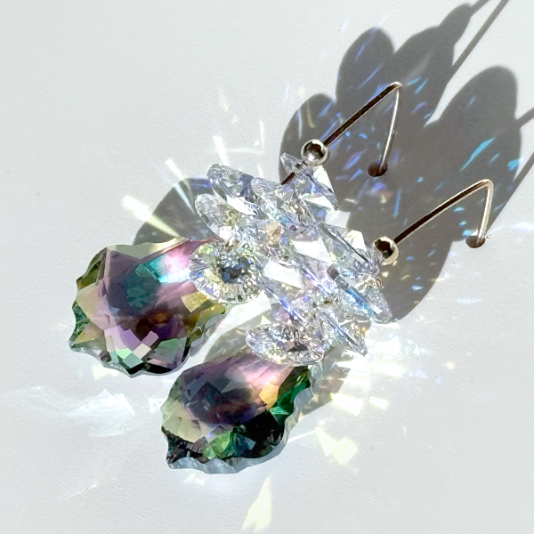 Long Crown Crystal Cluster Earrings - Purple