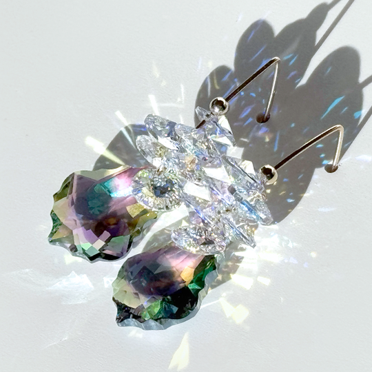 Long Crown Crystal Cluster Earrings - Purple