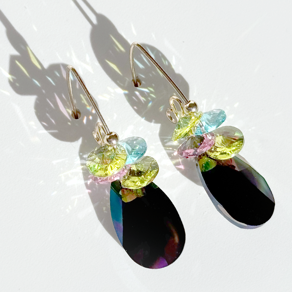 Dark Rainbow Crystal Cluster Earrings - Long Length