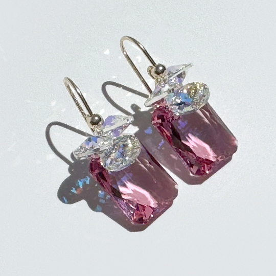 Short Drop Emerald Cut Crystal Custer Earrings - Dark Pink