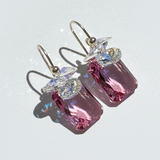 Short Drop Emerald Cut Crystal Custer Earrings - Dark Pink