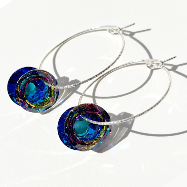 Argentium® Silver Blue Rainbow Crystal Hoop Earrings | Handmade by California Artist Lisa Ramos