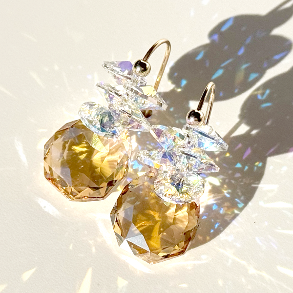Regal Crystal Cluster Earrings - color golden